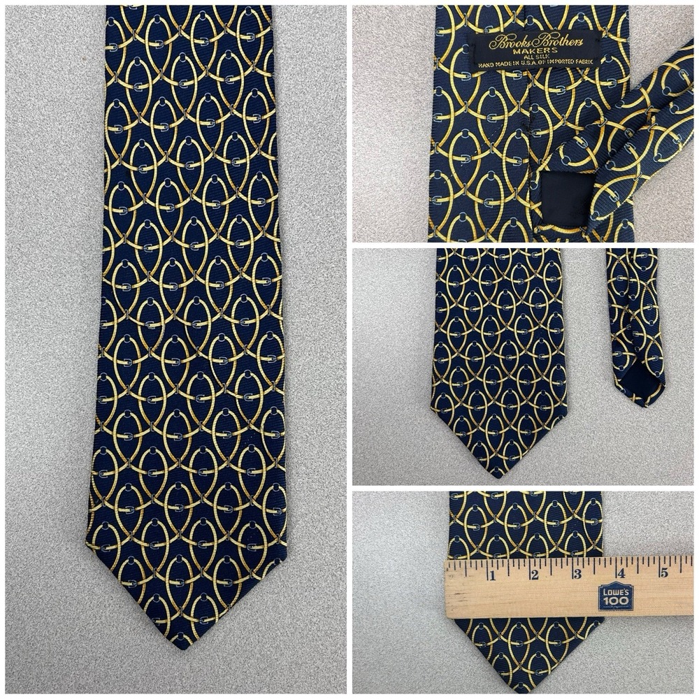 Brooks Brothers Makers Men's Tie 100% Silk Navy Gold Chains Made‎ in USA